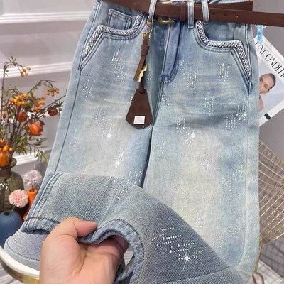 欧货2025夏季新款轻奢烫钻高品质牛仔裤女洋气渐变显高窄版直筒裤