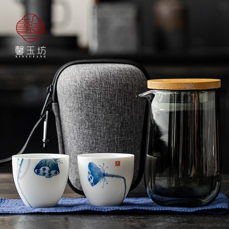 手绘莲蓬双层玻璃茶壶旅行茶具男士户外一壶两杯便携包伴手礼定制,餐饮具,旅行茶具,淘宝优惠券,粉丝福利购,淘宝优惠卷