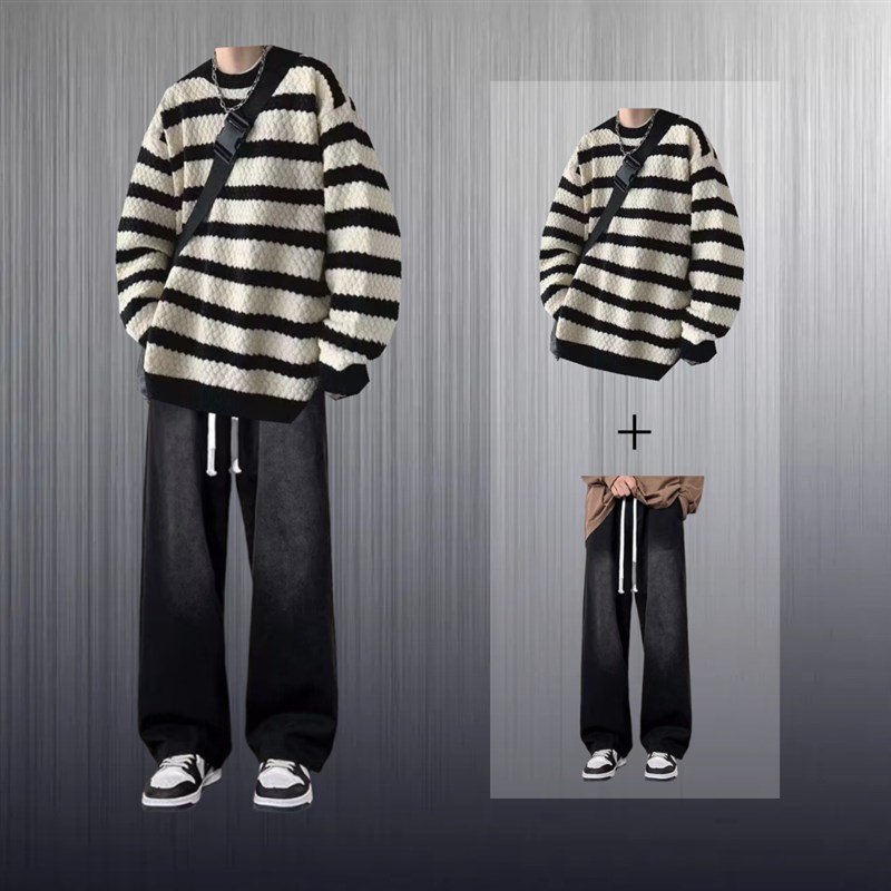 春秋季毛衣套装男生一套搭配休闲宽松牛仔裤潮学院风针织衫两件套