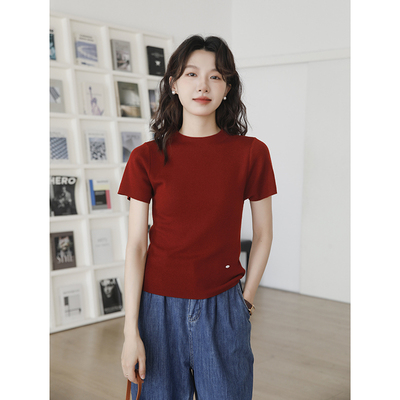 红色半高领针织衫女短袖上衣设计感小众高级感显瘦半袖中领打底衫