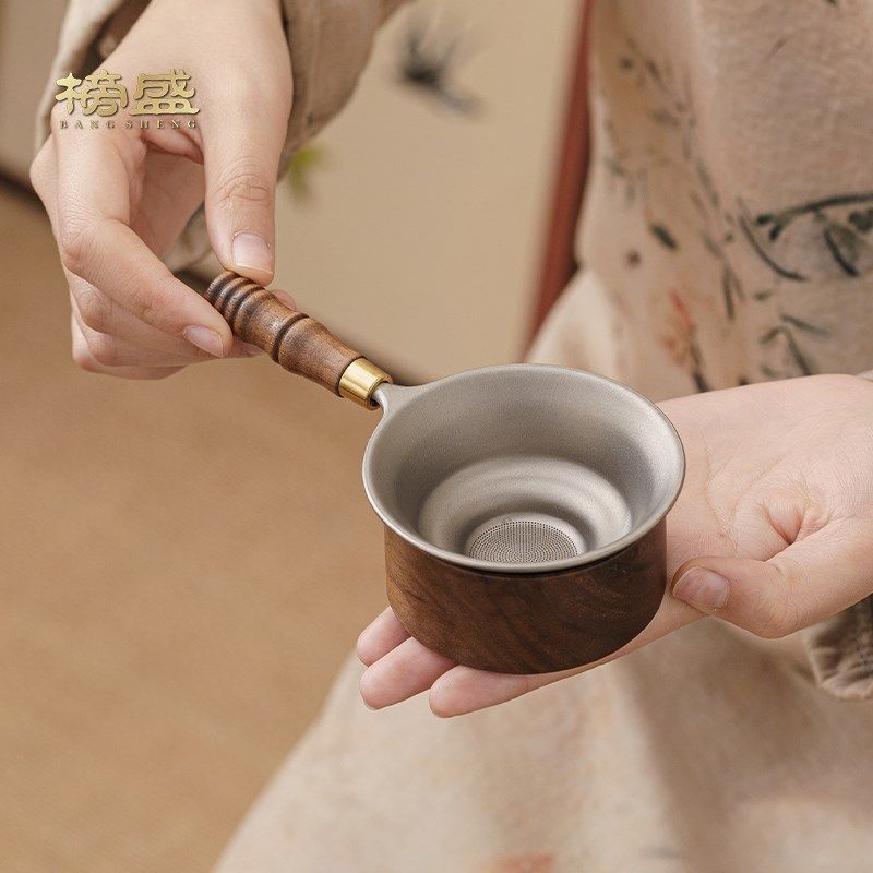 束刻纯钛胡桃木侧把茶漏茶具零配茶水分离茶千孔一体过滤网茶滤,餐饮具,茶滤,淘宝优惠券,粉丝福利购,淘宝优惠卷