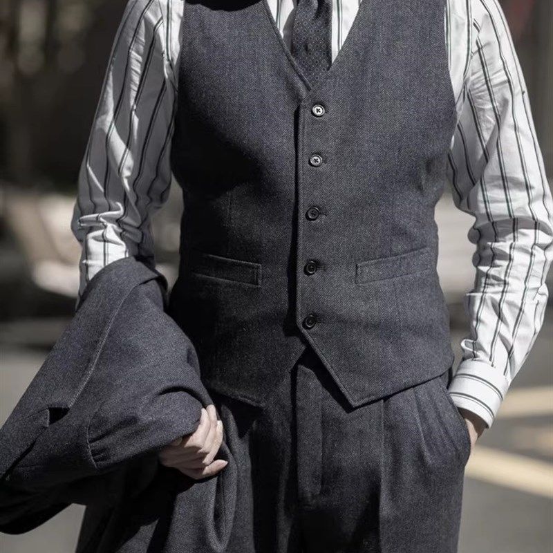 秋冬季男浴血黑帮咔叽英伦复古休闲马夹职业商务绅士修身西装背心