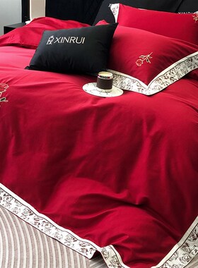 浪漫高奢新疆长绒棉全棉四件套玫瑰刺绣被套床单床笠高.端床上用