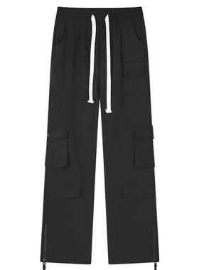 PASALIENS美式高街下脚拉链休闲裤子男vibe风直筒裤修身显瘦黑色