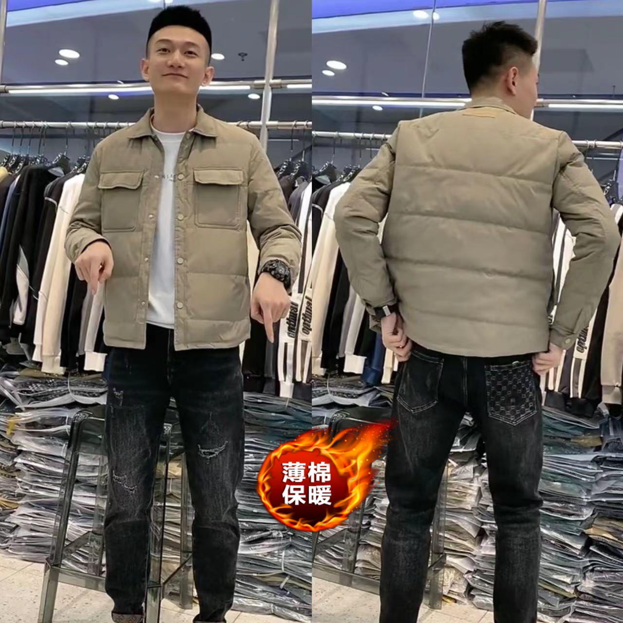 9901秋冬新款男士轻薄羽绒棉服纯色时尚棉衣男款翻领保暖百搭外套