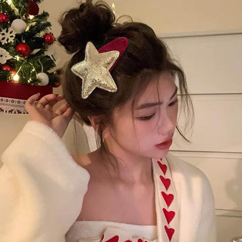 圣诞节星星发夹女头饰发卡饰品礼物大号边夹红色亮片圣诞发饰bb夹