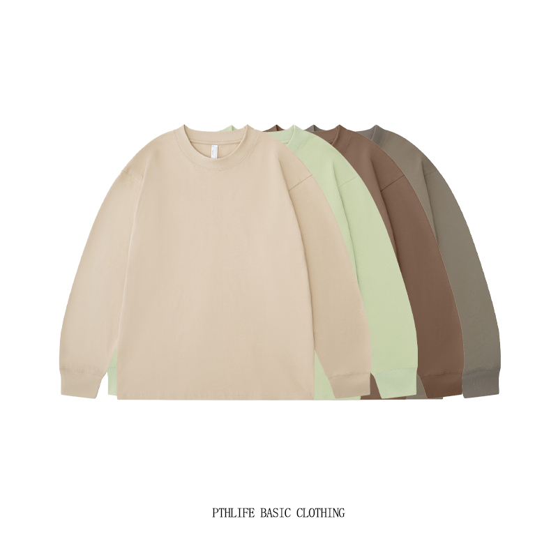 Pthlife  重磅秋冬宽松潮牌简约纯色透气螺纹长袖圆领百搭落肩T恤