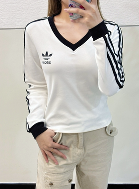 adidas V领长袖T恤女款白色JC8154 QS仓