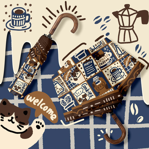 奶咖小猫遮阳伞女易挂弯钩便携防晒防紫外线晴雨伞两用学生太阳伞