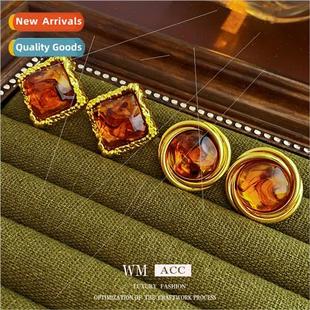 Pleated Brown Square Earrings Stud Pin Resin lver