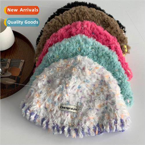 Korean  new hand-woven mixed-color knted plush hat women aut