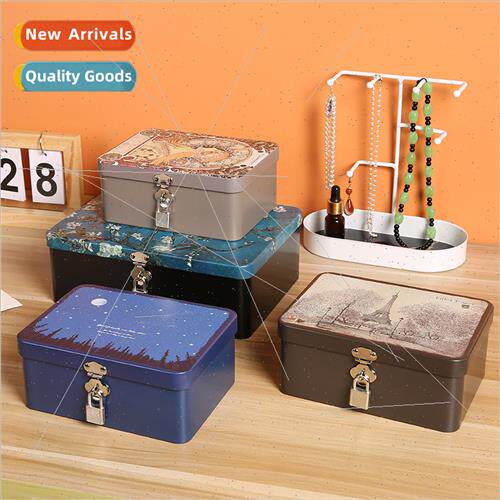Vintage tinplate box lock key desktop organizer cosmetic doc