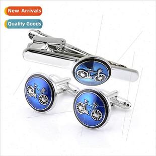 Set Blac Bicycle Blue Premium Clip Tie Cufflinks Round