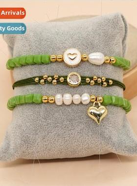 New alloy peach heart round card pearls 4mm green quadrilate