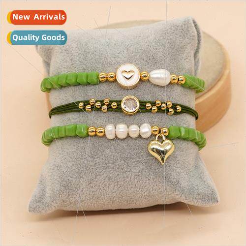 New alloy peach heart round card pearls 4mm green quadrilate