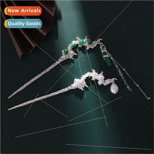 Metal lava pearl hairpin female new Chinese gradient green t