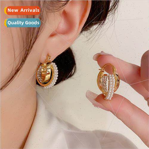 French Elegant Fashion Metal Circle Pearl Earrings Vintage m