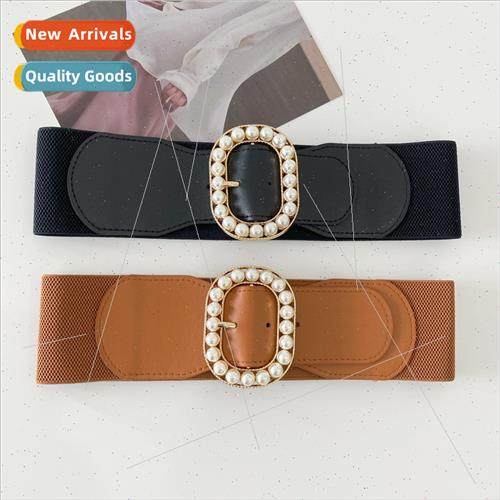 Large pearl buckle head belt female retro elastic elastic th
