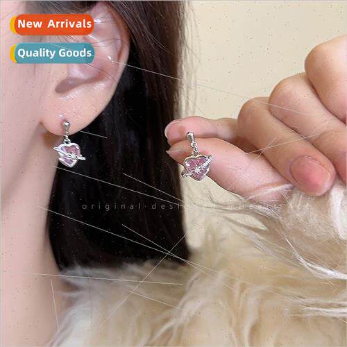 Pink love heart zirconia earrings female ins niche premium e