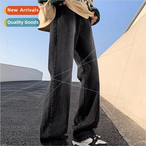 Black washed jeans mens high set American pants loose spring