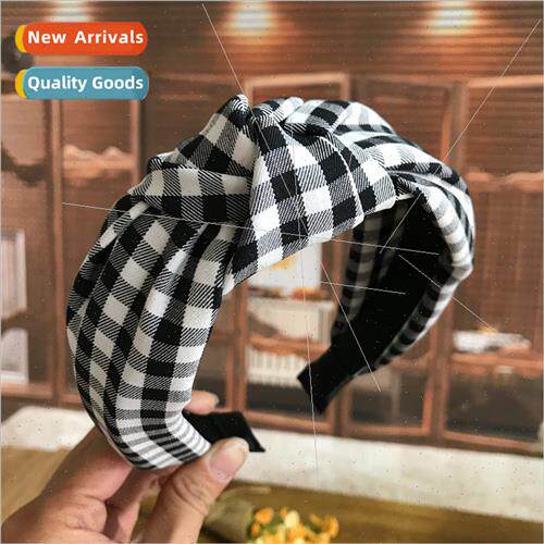 retro middle knot headband Korean fabric simple sweet lattic