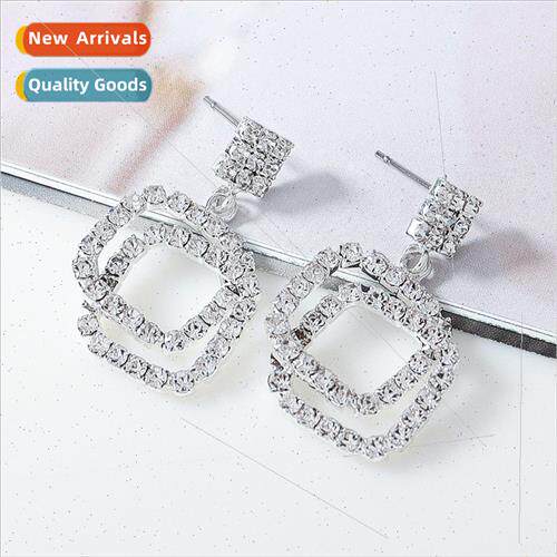 Geometric square silver pin earrings fashion double ring ful