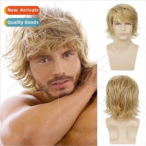 Europe wig men head covering blonde flip short curly hair ob