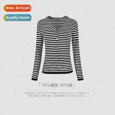 2024 new striped silk cotton kn cardigan jacket women Autumn