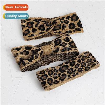 Leopard knted wool hairband Korean elastic retro wide edge h