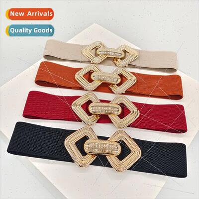 Metal buckle elastic waist belt women wide waistband decorat