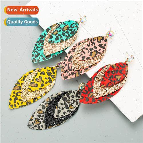 earrings diamonds multi-layered leopard leather sequins leaf