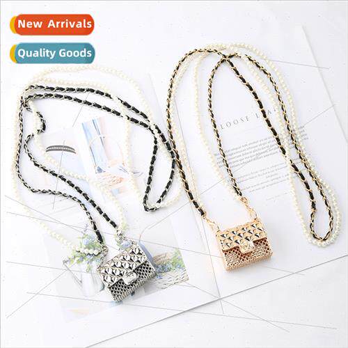 mini metal hollow diamond lattice earphone bag pearl chain w