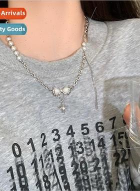 Double Heart Bow Pearl Necklace Women che Accessories Collar