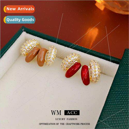 silver needle inlaid diamond drip oil bean earrings Korea de