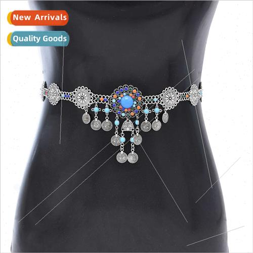 Vintage inlaid turquoise waist chain bohemian hollow flowers
