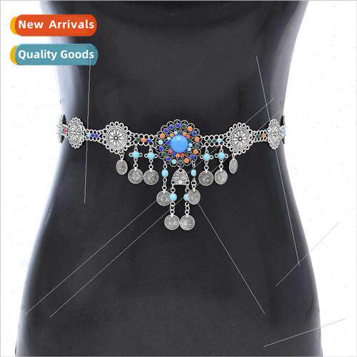 Vintage inlaid turquoise waist chain bohemian hollow flowers
