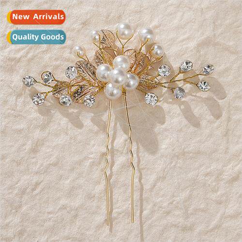 New gold leaf U-shaped handmade hairpin pearl rhinestone pin