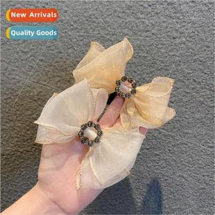 Organza bow hair circle round rhinestone tie hair jewelry Ko