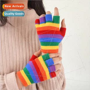 rainbow colored half Children gloves winter finger midd fall