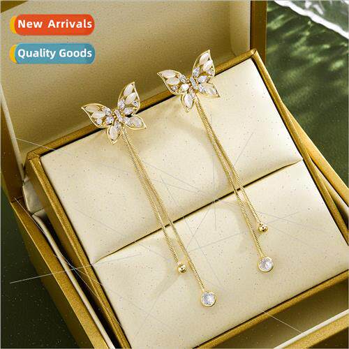 Fashion cat eye butterfly tassel earrings S925 silver pin zi