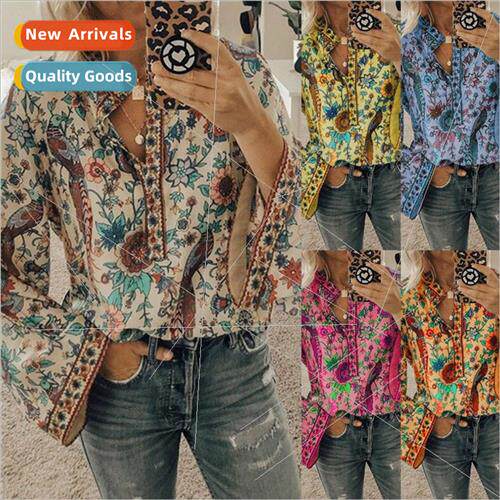 Autumn New Peacock Printed Loose Shirt Button Long Sleeve Sh