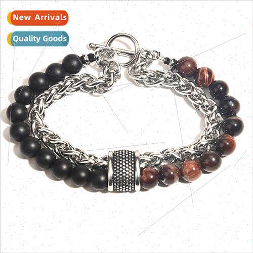 Natural Unique Map Stone Men Beaded Bracelet Stainless Steel