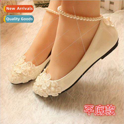 Whe pearl anklet wedding dress shoes plus size flat women sh