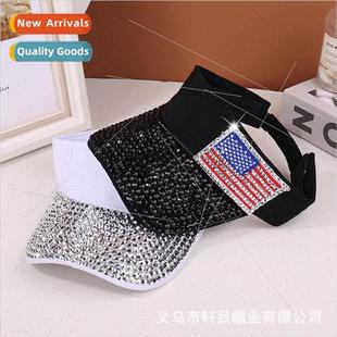 Summer new rhinestone striped flag sunshade hollow top hat f