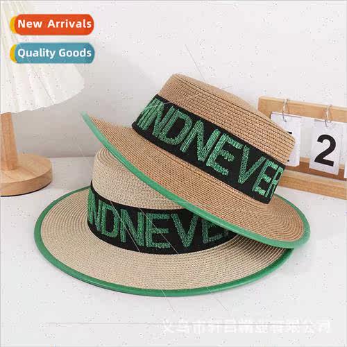 Towel Embroidery Letter Webbing Flat Straw Hat Outdoor Vacat
