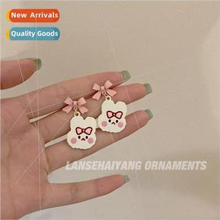 bow bunny earrings Super cartoon pink cute earri sweet