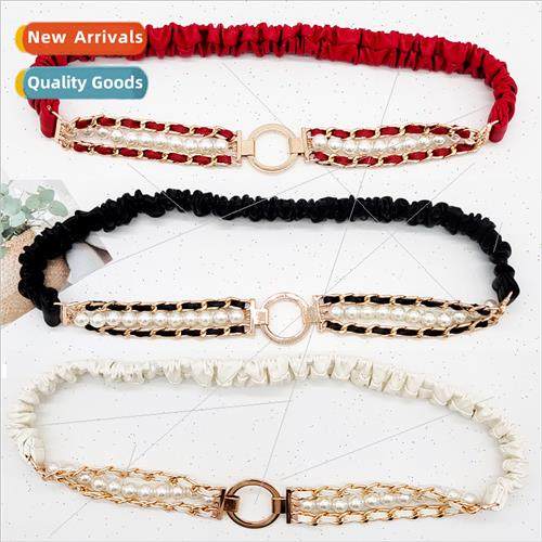 Elastic elastic leather pearl belt new tide female senior se