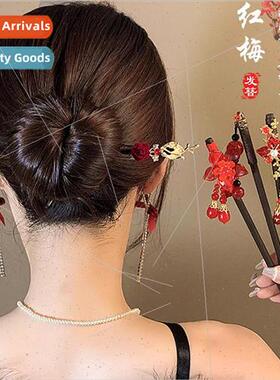 Ancient wooden hairpin Chinese red tassel hairpin female hig