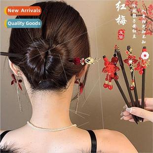 Ancient wooden hairpin Chinese red tassel hairpin female hig