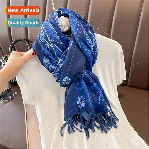 Spring summer new blue wild warm neck cotton silk scarf seas